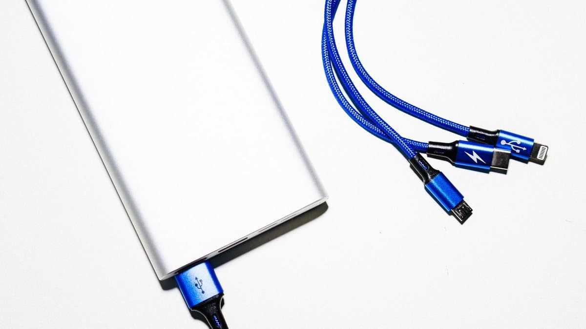 A silver portable charger has a blue braided multi-charging cable plugged into it, with various connectors fanned out on a white surface.