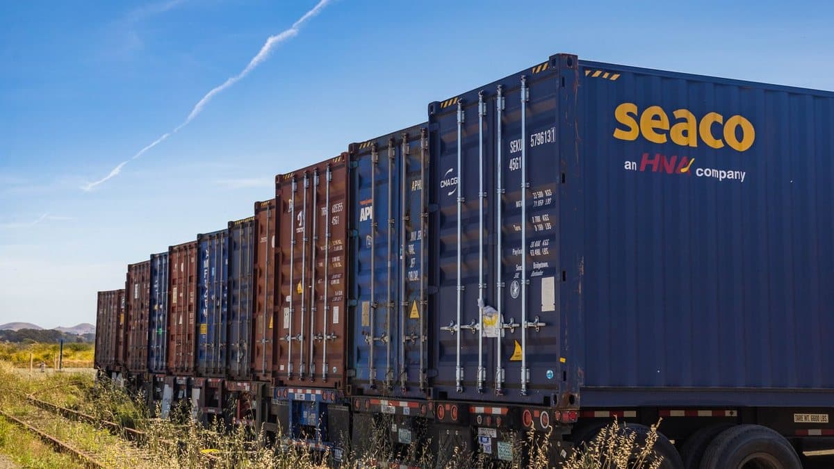 A long line of blue and brown cargo containers on chassis is parked alongside a railway track under a bright blue sky.