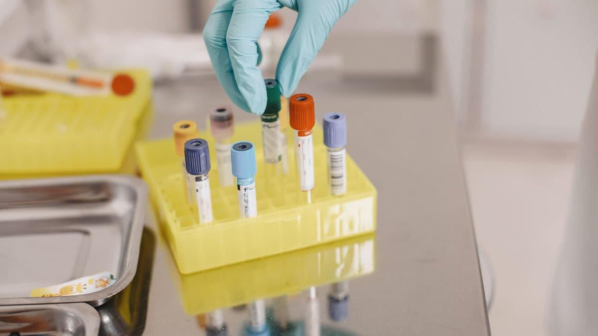 A gloved hand places an orange-capped test tube into a yellow rack filled with other various colored test tubes on a metallic surface.