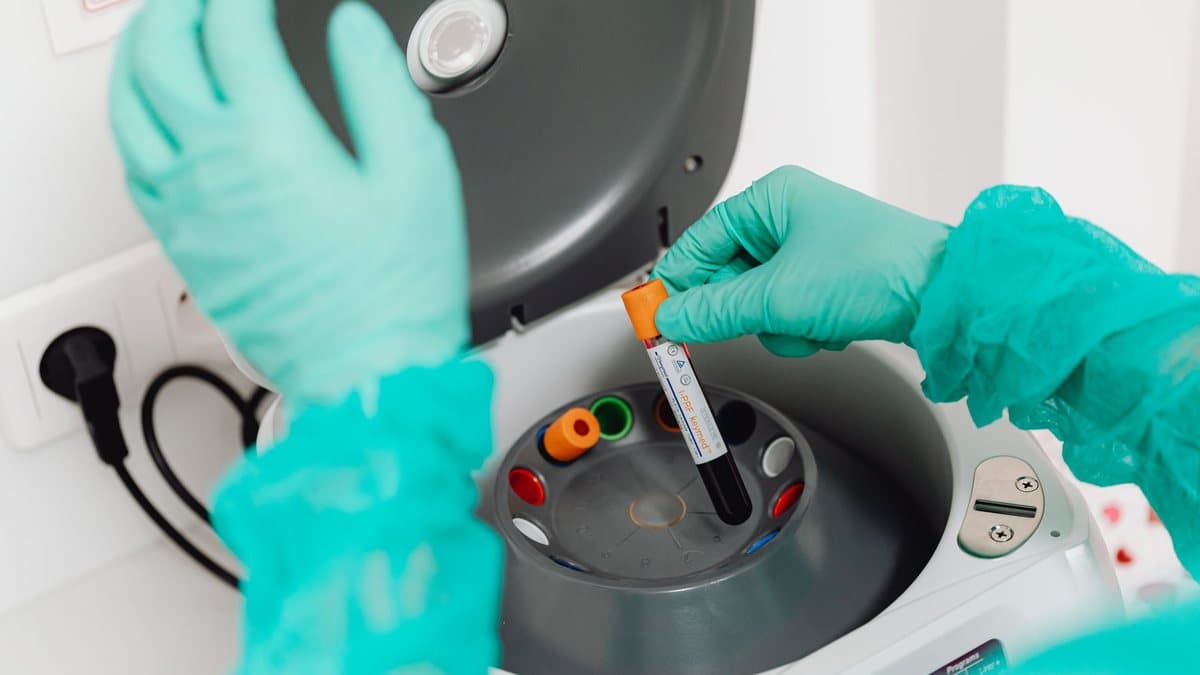 Gloved hands carefully place a blood sample tube with an orange cap into a laboratory centrifuge.