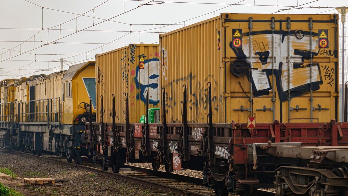 A yellow work train and multiple freight cars carrying graffiti-decorated yellow containers rest on parallel railway tracks beneath overhead lines.