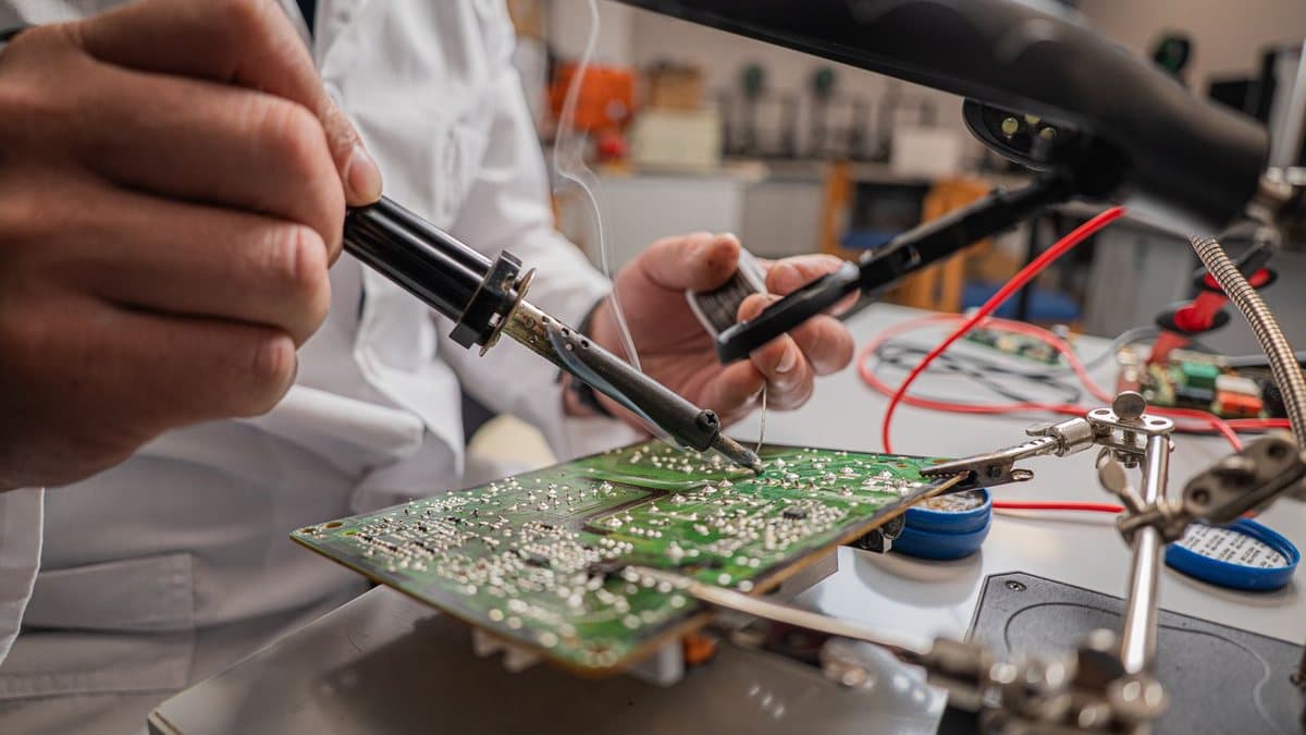 A person in a lab coat is soldering components onto a green circuit board with a helping hands tool on a workbench.