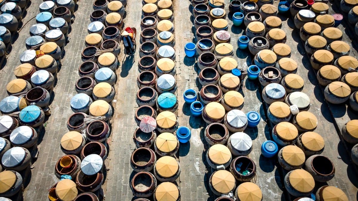 Numerous large ceramic pots with various lids and open tops are arranged in rows on pavement, tended by two workers.