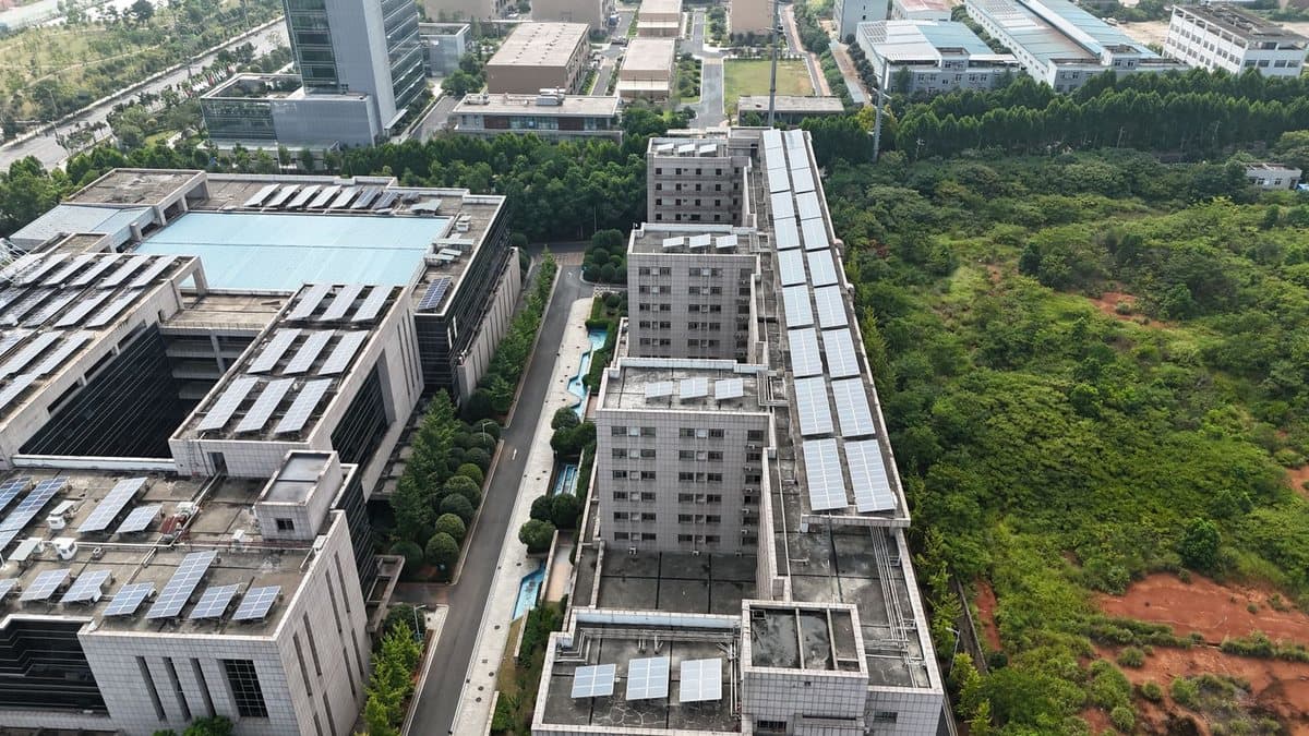 An overhead view of a complex features multiple buildings with numerous rooftop solar panels, bordered by roads and a large forested area.