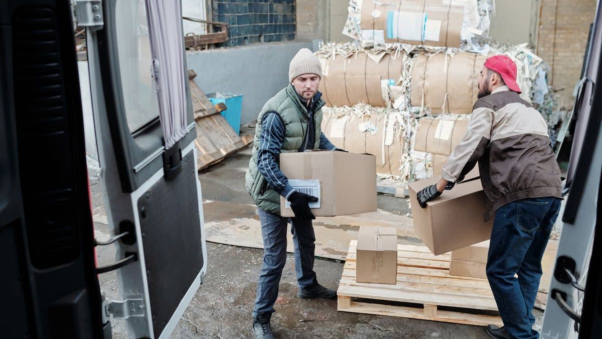 Two men are moving cardboard boxes from a stack of bundled paper bales towards the open back of a white delivery van.