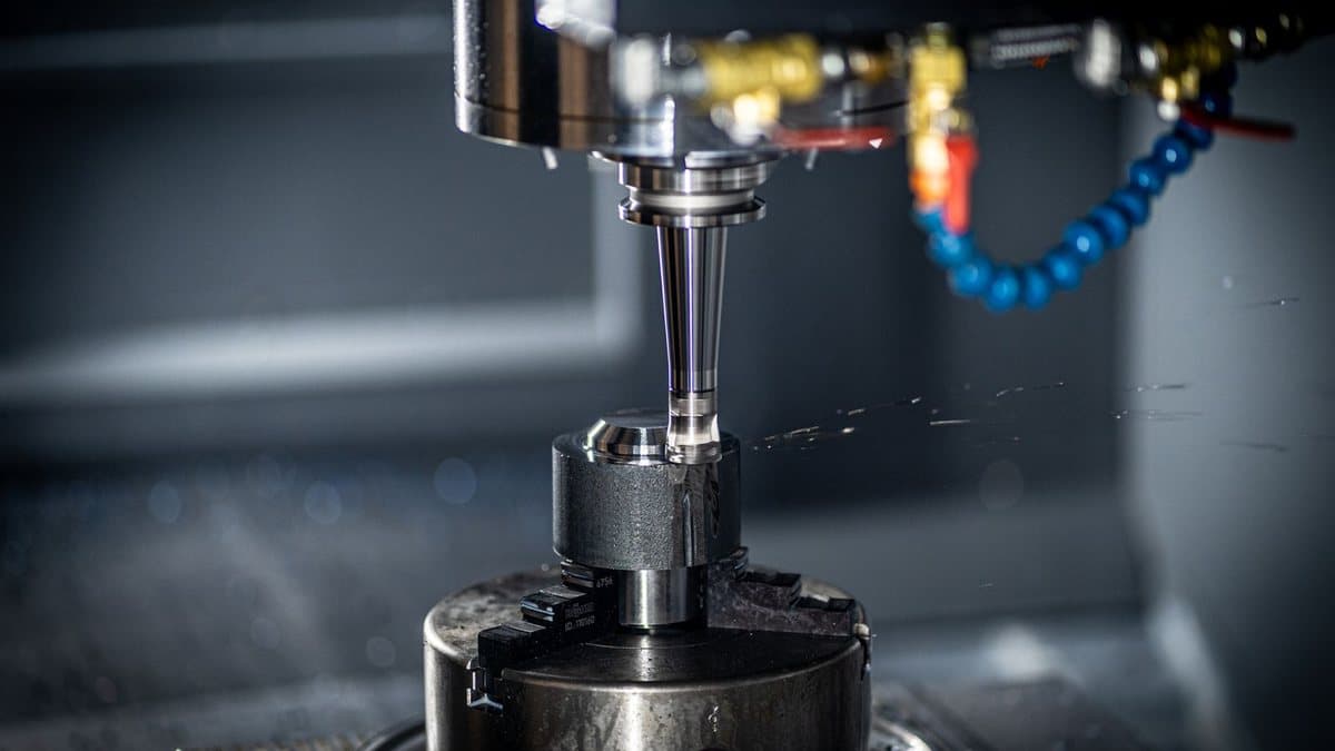 A machining tool is cutting a metal workpiece, with coolant spraying, inside an industrial machine.