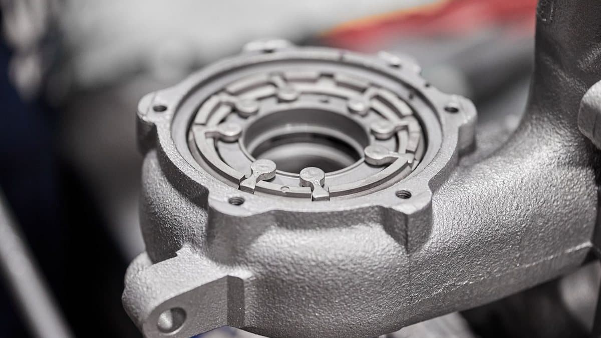 A grey metallic mechanical housing with a textured surface features intricate adjustable vanes arranged circularly inside a central opening.
