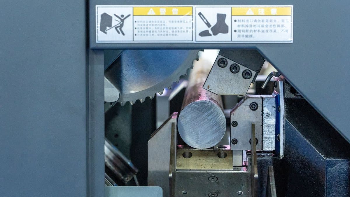 A close-up shows a metal rod being cut by a large circular saw blade, with warning labels above the machinery.