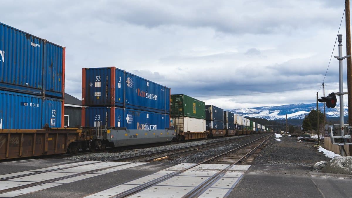A long freight train carrying stacked blue, green, and white containers passes a level crossing with snowy mountains in the distance.