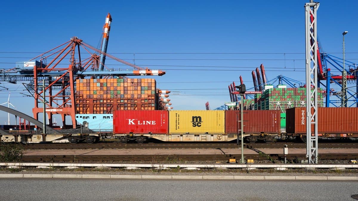 Colorful shipping containers on a freight train pass a large port with multiple industrial cranes under a blue sky.