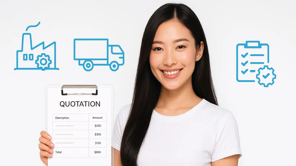 Gorgeous smiling Asian woman presenting transparent China sourcing agent fees, pricing, and services by YourChinaPartner