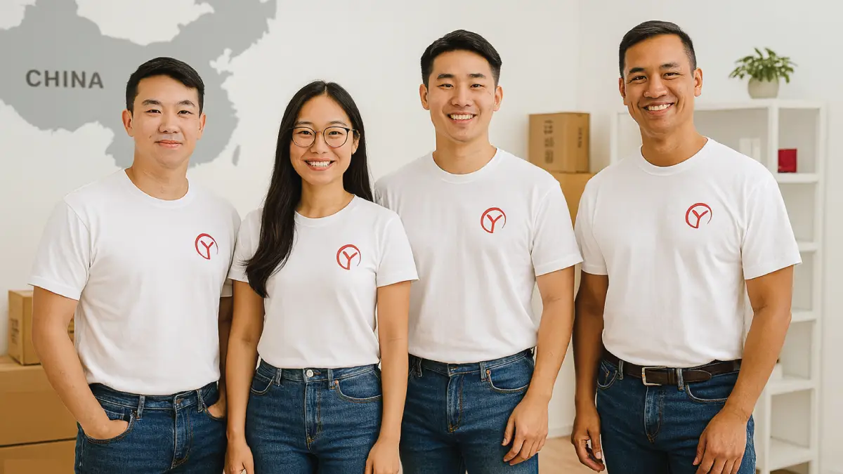 YourChinaPartner team photo showing diverse sourcing specialists in white logo t-shirts, standing in a China-based office with map and packaging in background