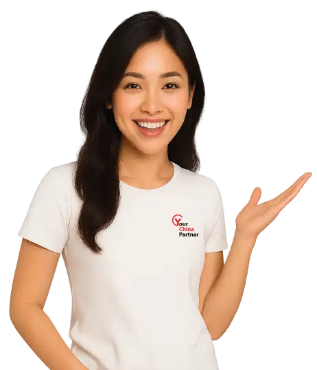 Smiling female model wearing YourChinaPartner branded T-shirt